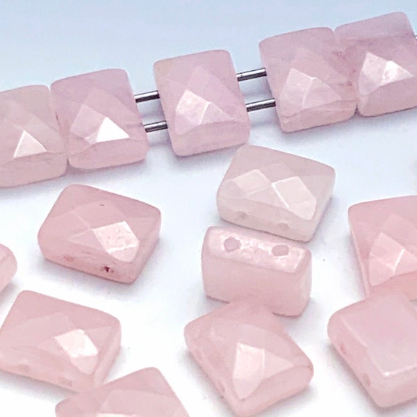 2-Hole Rose Quartz Faceted Gemstone Beads, Rectangle Spacer Bars, Double Drilled, About 10mm x 12mm with 1.25mm Holes | 803G