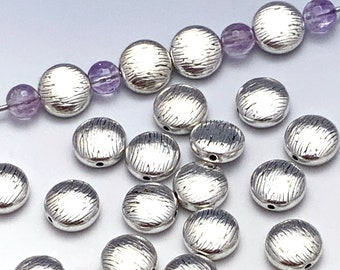 10mm Textured Puff Coin Beads, Antique Silver Plated, Flat Round, about 10mm x 10mm with a 1.4mm Hole, Shipped from USA - 414R