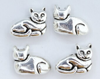 Kitten Kitty Cat Beads, Antique Silver Plated, About 14mm x 11mm with a 1.75mm Vertical-Drilled Hole - 208R