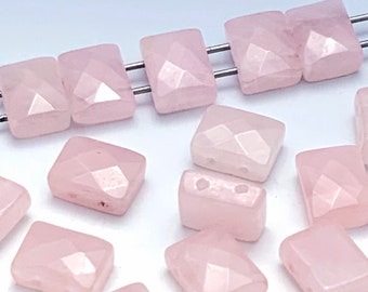 2-Hole Rose Quartz Faceted Gemstone Beads, Rectangle Spacer Bars, Double Drilled, About 10mm x 12mm with 1.25mm Holes | 803G