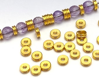 6mm Brass Heishi, Flat Round Grooved Washer Spacer Beads, 24K Gold Plated Brass, About 6mm x 2mm, with a 2.2mm Hole | 314R