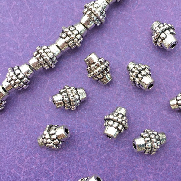 Metal Bicone Beads, Antique Silver Plated, Bali Style, About 10mm x 8mm with a 1.5mm Hole - 812R