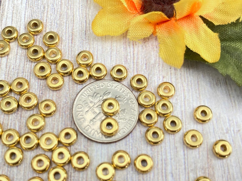 5mm Brass Heishi, Small Simple Flat Round Gold Polished Spacer Beads, About 5mm x 2mm, with a 2mm Hole 117R image 2