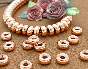 6mm Rose Gold Plated Brass Heishi, Chunky Round Smooth Washer Spacer Beads, About 6mm x 3mm, with a 2mm Hole | 417R