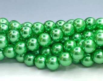 44pcs 10mm Light Green Glass Pearl Beads, about 10mm Round with a 1.4mm hole, 16" Strand, Faux Pearls, Imitation Pearls - 513R