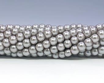 105pcs 4mm Glass Pearl Beads, Silver Gray, About 4mm Round with a .7mm hole, 14.25" Strand, Faux Pearl, Imitation Pearls - 712R