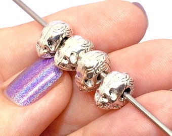 10pcs Skull Beads for Halloween, Large Hole (3mm), Antique Silver Plated, about 7mm x 11mm, US Seller, Ships from USA - 506R