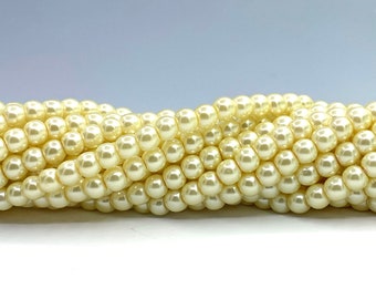 105pcs Pale Yellow Glass Pearl Beads, About 4mm Round with a .7mm hole, 14.75" Strand | 411R