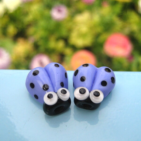 2 14mm Glass Beads Ladybug Lampwork Blue Googly Eyes SRA Handmade Lampwork Make DIY Charms Cute Blue Ladybugs Ladybirds Periwinkle Black - G