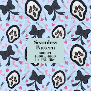 May include: Seamless pattern on a light blue background featuring a repeating design of a Scream mask, black bow, knife, pink heart, and telephone. The pattern includes the text "Seamless Pattern" and image resolution details.