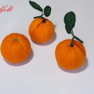 Felt Orange: Play food, fake food, felt orange with stem and leaves, textile fruit, faux orange