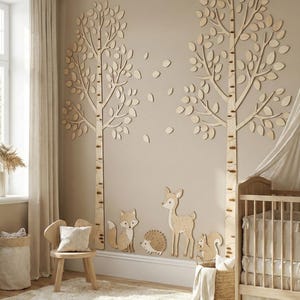 Jätte björkträd i trä, dekoration av barnrum i skogsmark, gör-det-själv-skogsväggkonst, stort plywoodträd