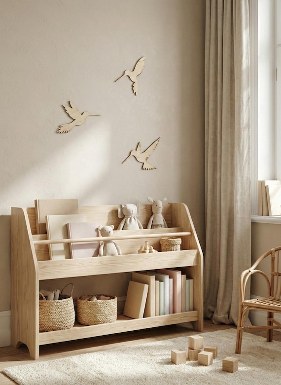 Set of 3 Wooden Hummingbirds, Nursery Wall Decor, Flying Birds Art, Boho Baby