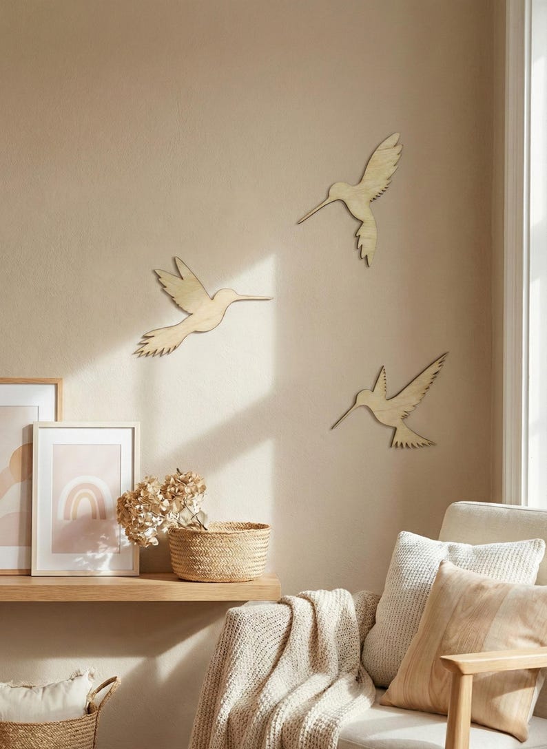 Set of 3 Wooden Hummingbirds, Nursery Wall Decor, Flying Birds Art, Boho Baby image 4