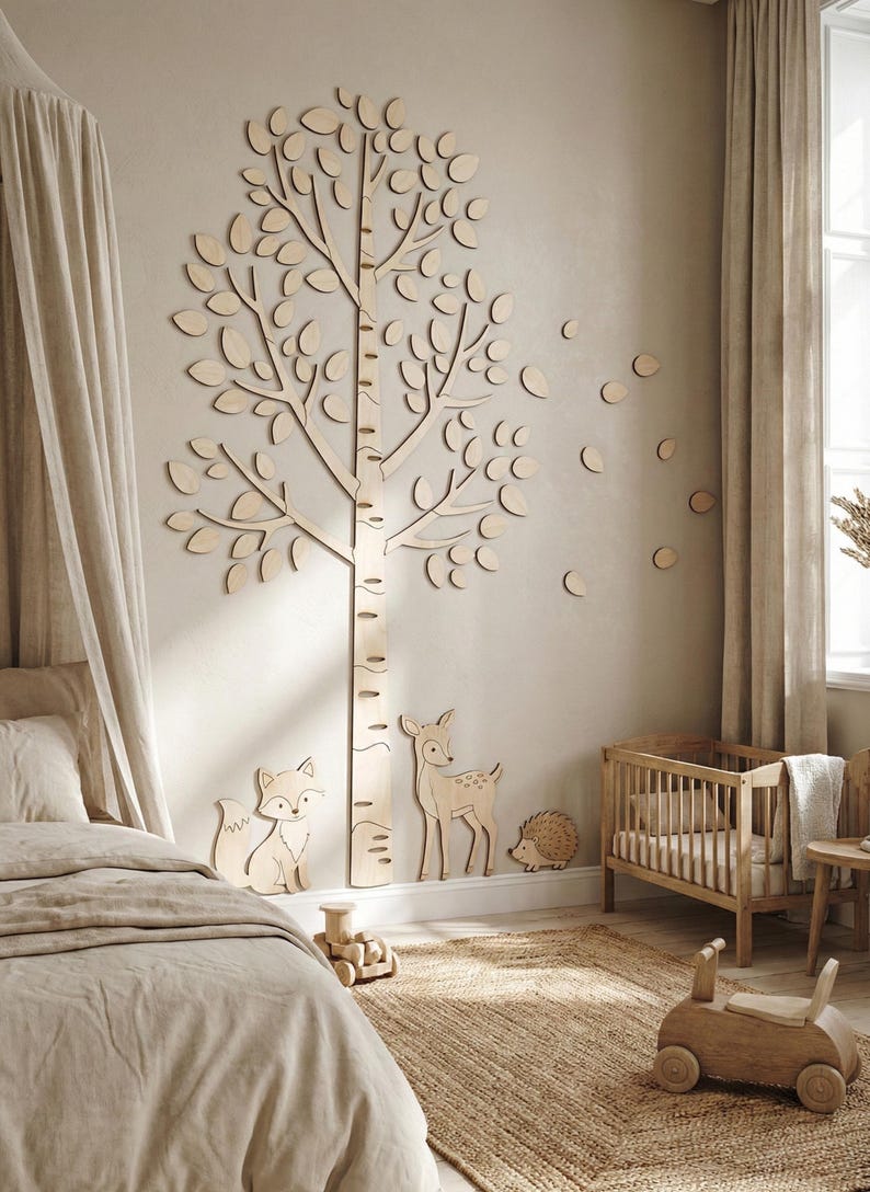 May include: Wooden tree wall decor with leaf cutouts, a fox, deer, and hedgehog. A wooden crib, toy train, and ride-on toy are also in the room. The room has a neutral color palette with beige curtains and a jute rug.