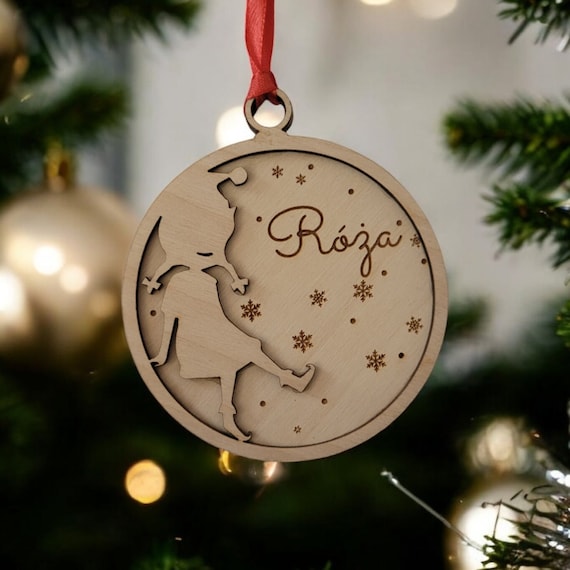 Wooden bauble with an elf motif, 10 cm - Personalized bauble with name engraving