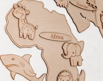 Wooden World Map for Kids – 3 Versions: Animals, Elements, Vehicles | Educational Decor with Engraving