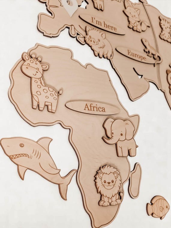 Wooden World Map for Kids – 3 Versions: Animals, Elements, Vehicles | Educational Decor with Engraving