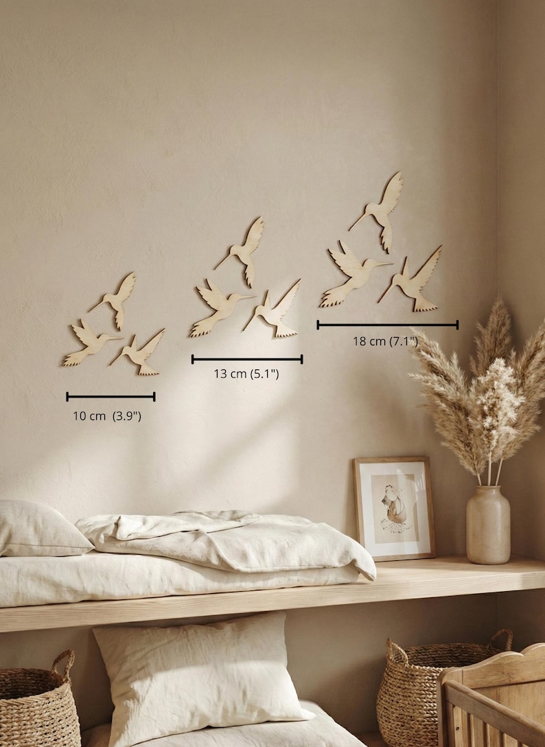 Set of 3 Wooden Hummingbirds, Nursery Wall Decor, Flying Birds Art, Boho Baby image 5