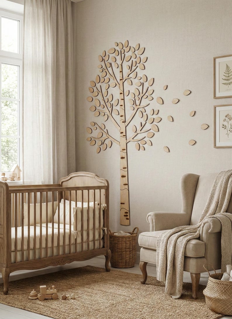May include: A nursery scene featuring a wooden crib, a beige armchair, and a large wooden tree wall decor. The room has a neutral color palette with a woven rug and a wicker basket. The tree has leaves and falling leaf accents.