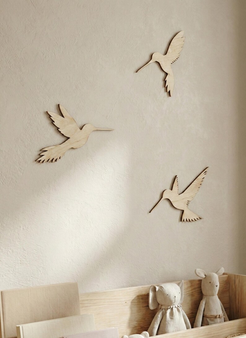 Set of 3 Wooden Hummingbirds, Nursery Wall Decor, Flying Birds Art, Boho Baby image 2