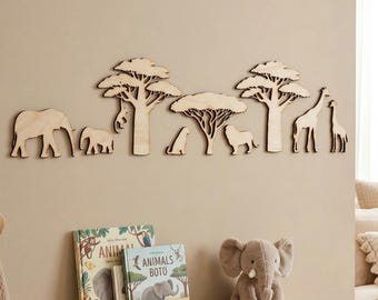 Wooden Safari Animals Wall Art, African Savanna Nursery Decor, Jungle Nursery Sign