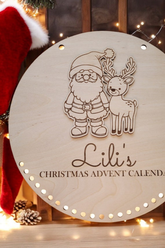 Personalized Wooden Advent Calendar with Santa & Reindeer Theme - Custom Holiday Decor, Christmas Countdown, Unique Gift Idea