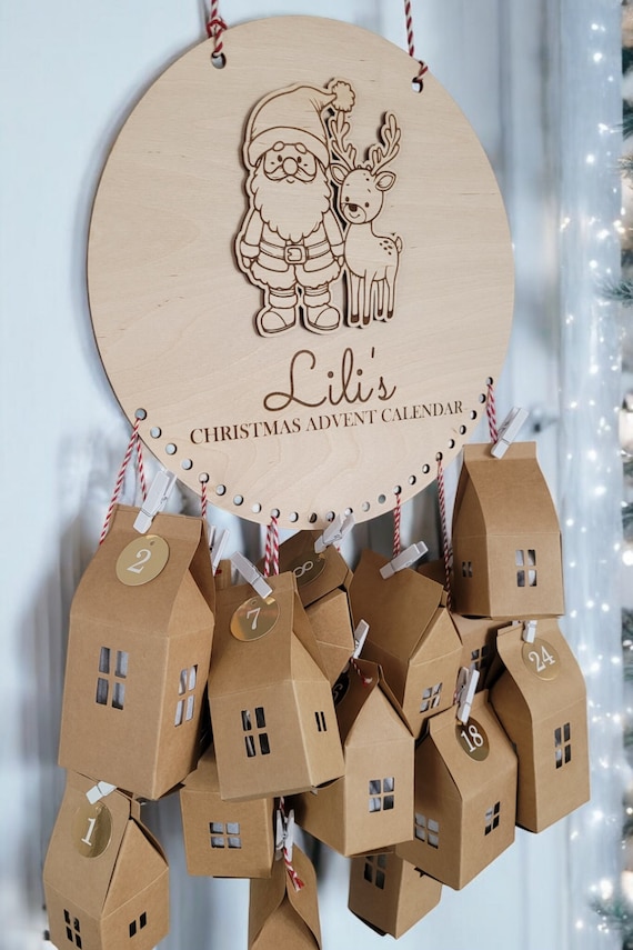 Personalized Wooden Advent Calendar with Santa and Reindeer Theme