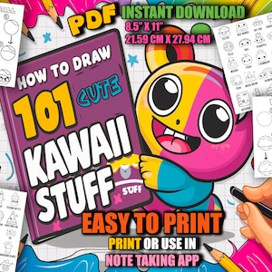 Puede incluir: Un personaje de dibujos animados rosa y amarillo con ojos grandes y una amplia sonrisa. El personaje sostiene un cartel que dice "SUFF". La imagen también incluye un libro con el título "How to Draw 101 Cute Kawaii Stuff" y el texto "PDF Descarga instantánea 8,5" x 11" 21,59 cm x 27,94 cm Fácil de imprimir Imprimir o usar en la aplicación de toma de notas".