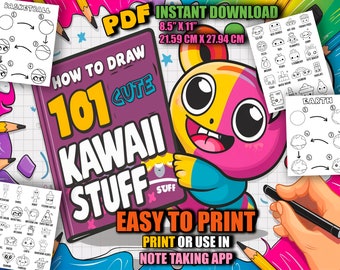 May include: A pink and yellow cartoon character with big eyes and a wide smile. The character is holding a sign that says "SUFF". The image also includes a book with the title "How to Draw 101 Cute Kawaii Stuff" and the text "PDF Instant Download 8.5" x 11" 21.59 cm x 27.94 cm Easy to Print Print or Use in Note Taking App".
