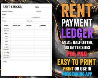 Rent Payment Ledger Receipt Tracker Log Book Printable A4, A5, US Letter, Half Letter Size PDF PNG for Tenant & Landlord | Instant Download