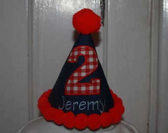 TLB Boy or Girl Personalized Birthday Train themed Hat Gingham Plaid Red White and Blue Photographers Props Cake Smash