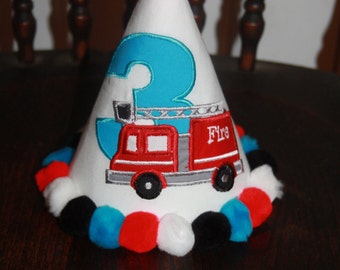 Personalized Firetruck fire truck Party Hat - Boys - Firefighter - Custom - Theme - Cake Smash - Celebration - Photo Shoot