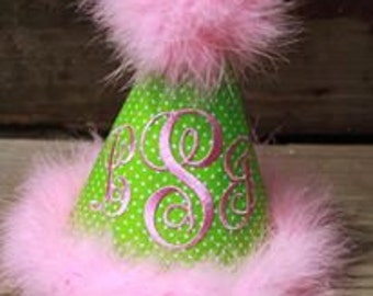 Gorgeous "Lexi" Custom Boutique Monogrammed Party Hat - Birthday - Personalized - Initials - Girls - Cake Smash - Celebration - Green & Pink