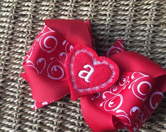 red and white swirled damask Valentine's Day hair bow