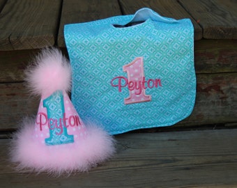 TLB Custom Boutique Monogrammed Crown Princess Personalized Birthday Party Hat and Bib Boy Girl