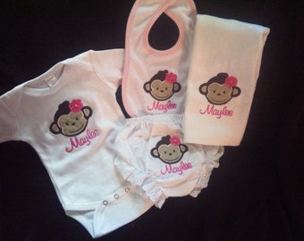 Magnificent Mod Monkey Newborn Baby Gift Set - Diaper Cover - Bodysuit - Bib - Diaper Cover - Girls - Personalized - Baby Shower - Gift