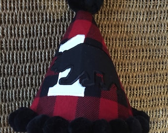 Woodland Buffalo Check Bear Birthday Hat Wild One Lumberjack - Polka Dots - Birthday - Monkey - Cake Smash - Celebration