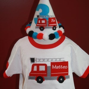 TLB Boy or Girl Personalized Birthday Firetruck fire truck themed Hat and shirt Photographers Props Cake Smash image 3