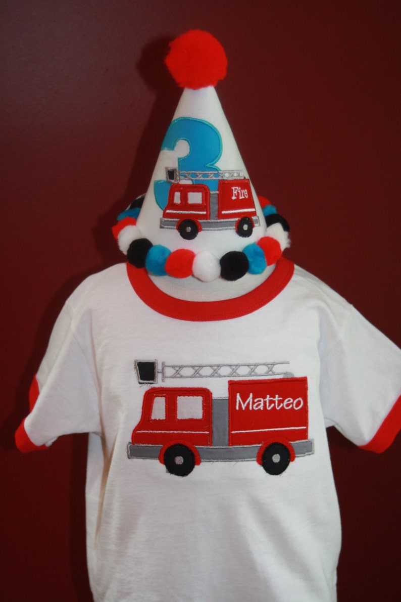 TLB Boy or Girl Personalized Birthday Firetruck fire truck themed Hat and shirt Photographers Props Cake Smash image 3