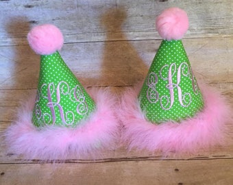 Gorgeous "Lexi"  Boutique Monogrammed Twin Party Hat - Birthday - Personalized - Initials - Girls - Cake Smash - Celebration - Green & Pink
