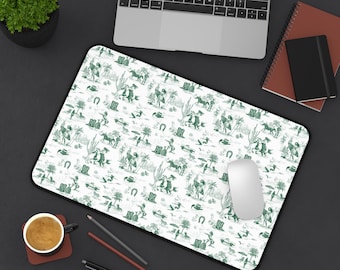 Alfombrilla de escritorio estilo vaquero costero con estampado de toile francés y caballo, color verde.