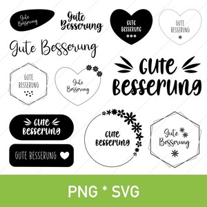 Gute Besserung | PNG, SVG | 12 Cliparts in deutscher Sprache für die Gestaltung von personalisierten Genesungskarten und Geschenken