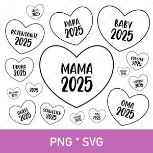 Maman Papa Bébé 2025 | PNG, SVG | Cliparts de coeur | Sœur Frère Grand-mère Grand-père Tante Oncle Marraine Parrain Cousin Arrière-grand-mère Arrière-grand-père