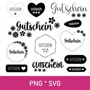 Vale | PNG, SVG | 12 cliparts en alemán para el diseño de tarjetas de regalo y vales personalizados DIY