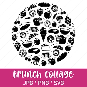 May include: Black and white illustration of a circle filled with various breakfast foods, including croissants, donuts, pancakes, eggs, fruit, and coffee. The text "brunch collage" is below the circle, with "JPG * PNG * SVG" below that.
