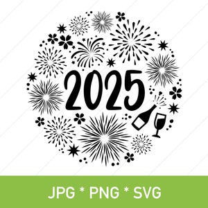 Feliz año nuevo 2025 | JPG, PNG, SVG | Imágenes prediseñadas, mosaico redondo | Fuegos artificiales, flores, estrellas, botella de champán | Tarjetas de año nuevo, decoraciones para fiestas.
