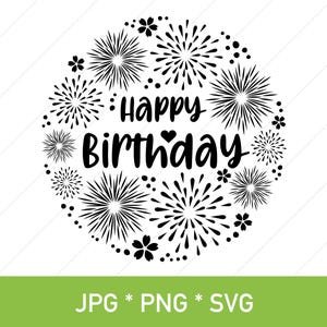Happy Birthday | JPG, PNG, SVG | clipart, mosaic consisting of fireworks and flowers | for birthday cards, party decorations, congratulation