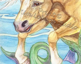 Unicorn Palomino Horse Seahorse Mustang Hippocampus Fantasy stallion ACEO mini art Print Kim Loberg Nebraska Artist EBSQ WHOA Team