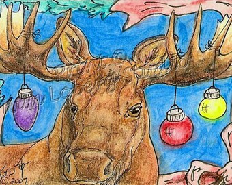 Christmas bull Moose Ornaments Holiday large Deer ACEO Wildlife mini Art Print Kim Loberg Nebraska Artist EBSQ